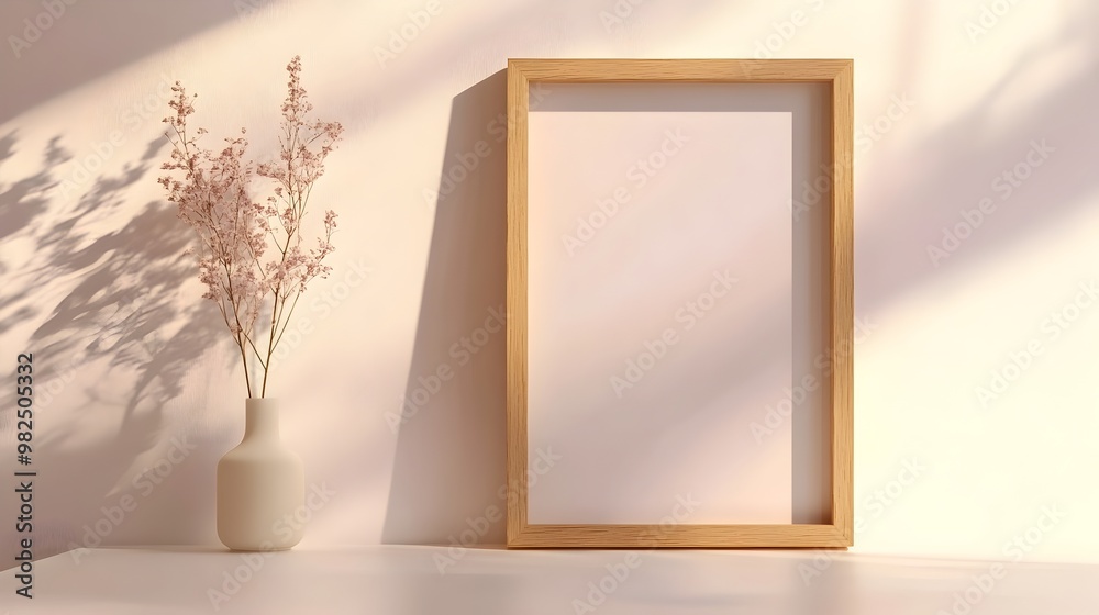 Minimalist Wooden Frame Stands in Soft Ambient Lighting on White Desk Minimalist Wooden Frame Stands in Soft Ambient Lighting on White Desk