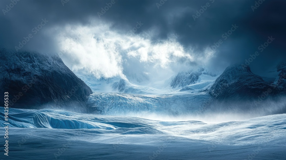 Fototapeta premium A dramatic storm rolling over Mendenhall Glacier, casting shadows on the ice and adding intensity to the rugged Alaskan landscape.