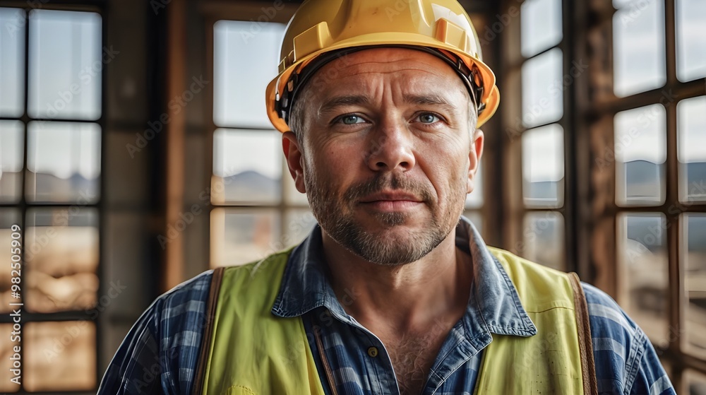 portrait of a builder wearing reflective vest and orange helmet with a construction of a building in the background portrait of a builder wearing reflective vest and orange helmet with a construction of a building in the background