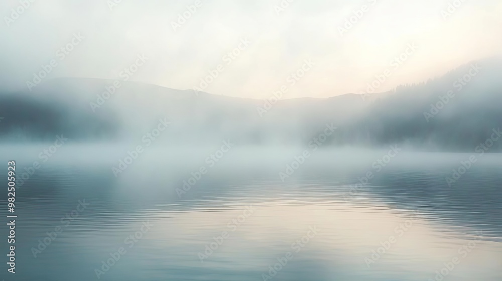Fototapeta premium A serene landscape featuring a misty lake reflecting soft hues at dawn, creating a calming and peaceful atmosphere.