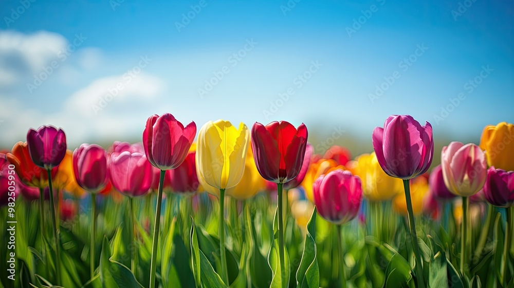 Obraz premium A field of tulips in various colors stretching into the horizon under a bright blue sky, showcasing the vibrant beauty of the spring bloom.
