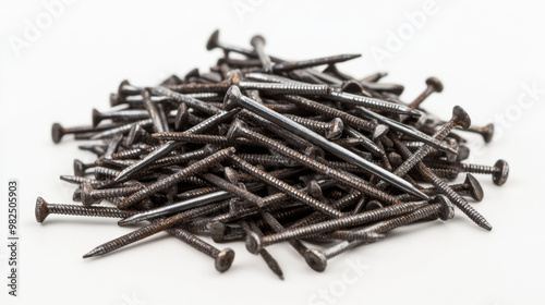 Close-up of a pile of black metal nails arranged on a clean white surface, highlighting construction and industrial materials. 