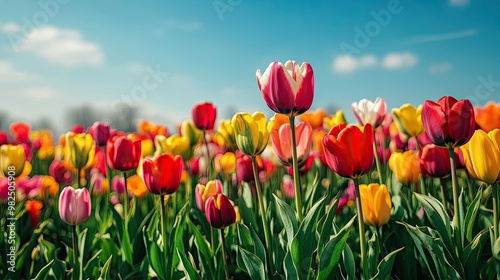 A field of tulips in various colors stretching into the horizon under a bright blue sky, showcasing the vibrant beauty of the spring bloom.