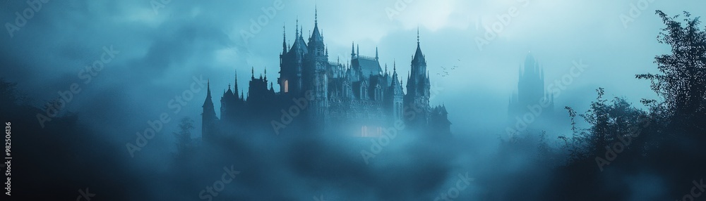 A misty, mysterious castle looms in a dark blue landscape, creating an eerie atmosphere filled with intrigue and fantasy. A misty, mysterious castle looms in a dark blue landscape, creating an eerie atmosphere filled with intrigue and fantasy.
