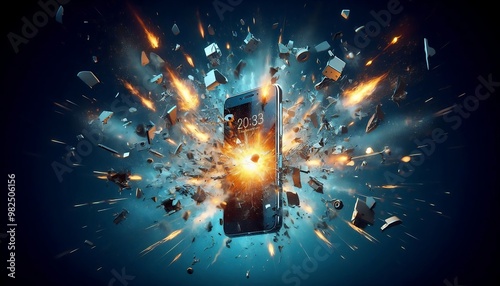 A cell phone is exploding in a blue background with lots of debris. The explosion is depicted in a way that makes it look like a real-life event. Scene is intense and chaotic.