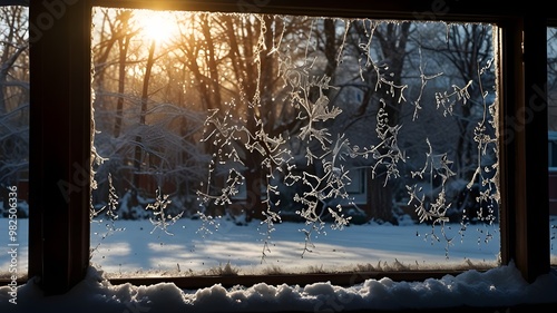 Snow melting on frosted windowpane warmth returning sunlight reflecting winter first melt revealing nature beauty Generative AI