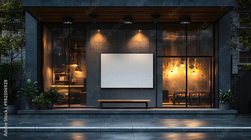 A storefront with large glass windows showcases modern industrial design elements, including black concrete walls and wooden ceilings, visible through the windows on a rainy day. A storefront with large glass windows showcases modern industrial design elements, including black concrete walls and wooden ceilings, visible through the windows on a rainy day.