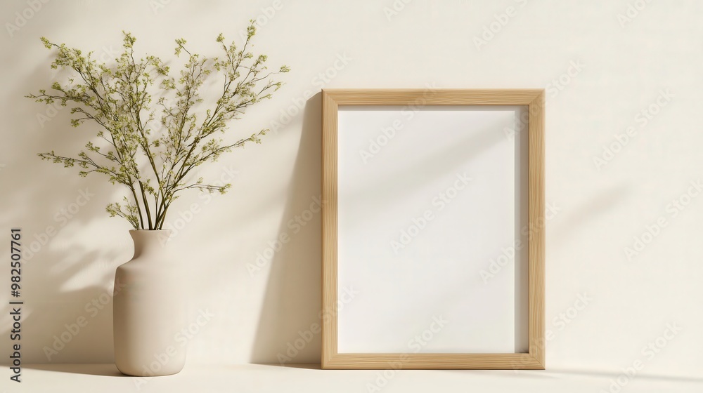 Elegant Vase and Wooden Frame on a Serene Background for a Cozy Home Ambiance Elegant Vase and Wooden Frame on a Serene Background for a Cozy Home Ambiance