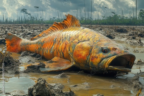 prehistoriclooking arapaima fish emerging from a shrinking tropical lake its massive scales glistening in intense sunlight surrounded by cracked mud and withered vegetation photo