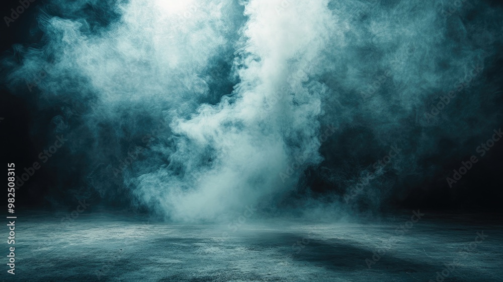 Fototapeta premium Smoke rising from a concrete floor in a dimly lit, moody studio setting, evoking a mystical and ethereal mood.