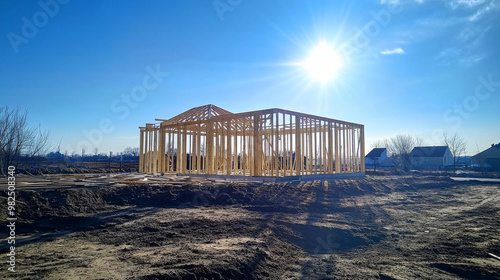 A wooden house frame being built in a suburban area, showcasing early stages of home construction against a clear blue sky. 