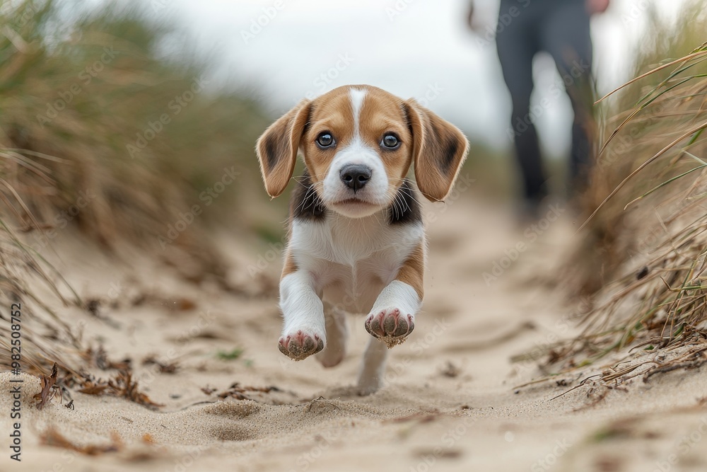 Playing fetch with a dog pet. Active dog pet enjoying outdoor activities. Cute beagle running outdoors with owner close by. Playing fetch with a dog pet. Active dog pet enjoying outdoor activities. Cute beagle running outdoors with owner close by.