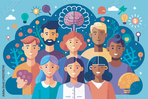 Diverse group of nine people with brain silhouettes, symbolizing knowledge and ideas. Mix of men and women, varied in appearance, looking at the camera in a positive setting with symbols.