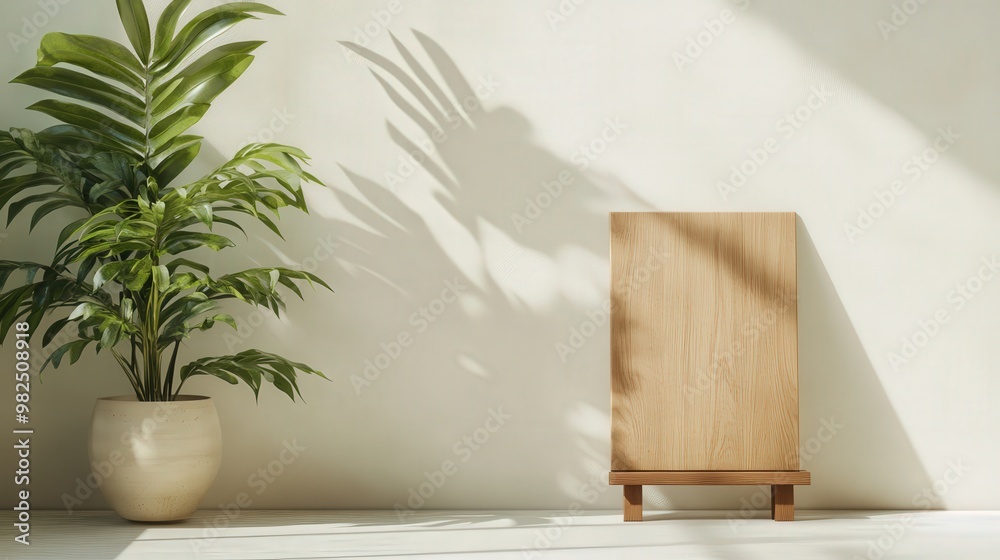 Elevate Your Space with a Beautiful Wooden Photo Stand Surrounded by Lush Greenery and Shadows Elevate Your Space with a Beautiful Wooden Photo Stand Surrounded by Lush Greenery and Shadows