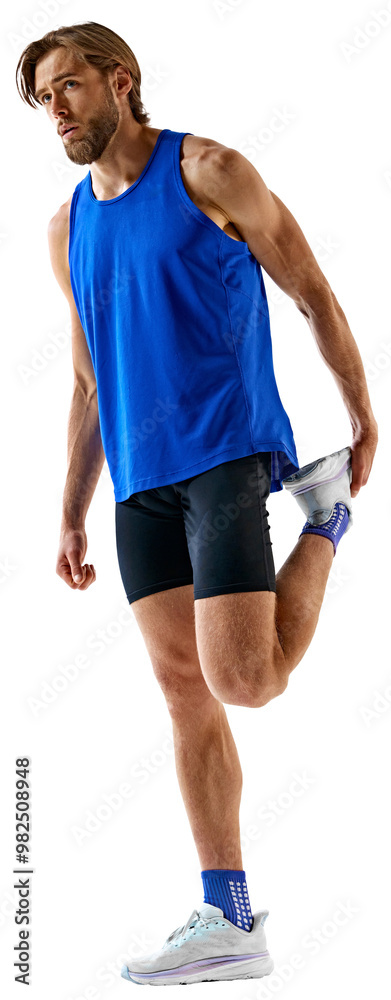 Fototapeta premium Muscular young man, runner in uniform warming-up before enduring competition isolated on transparent background. Concept of sport, marathon, competition, active lifestyle.