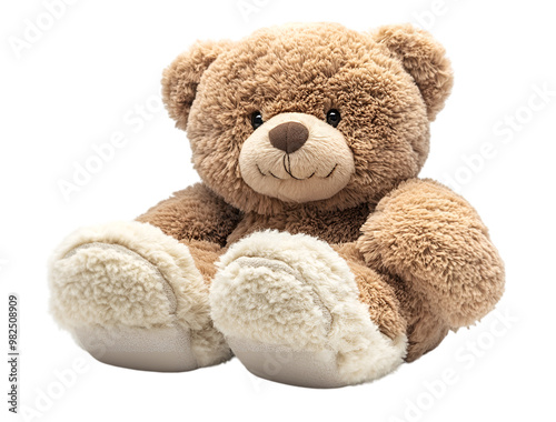 a stuffed bear with white feet. 