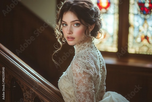 radiant bride descends grand staircase in torontos st marys church intricate longsleeved gown trails behind stained glass windows cast ethereal light photo