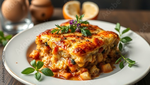 Delicious traditional Greek moussaka with beef mince, eggplant and bechamel sauce