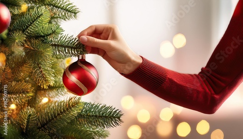  Hand Placing christmas ornament on tre photo