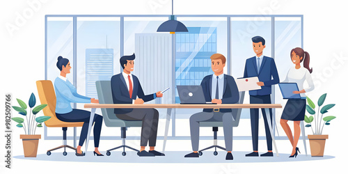 Flat Vector Illustration of a Business Team Collaborating on Coupon Strategy in a Modern Office - Candid Shot for Marketing and Promotions