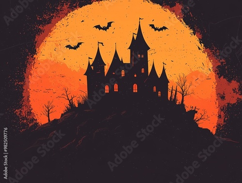 A dark silhouette of a haunted castle against a bright orange sunset, accompanied by flying bats and spooky trees, creating a Halloween-like atmosphere. photo