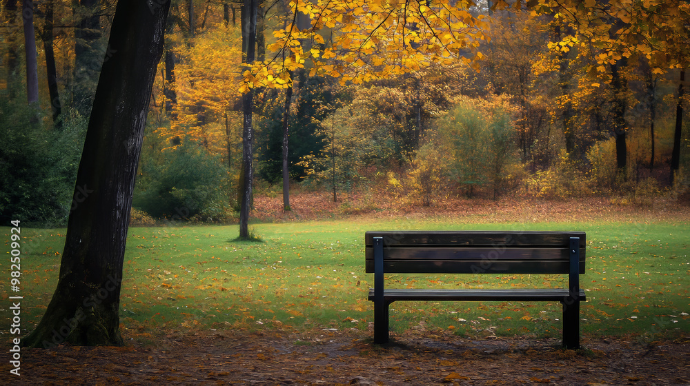 A lonely bench sits in a beautiful park. The trees have turned yellow and orange, creating a stunning autumn scene. The forest and meadow are peaceful and serene. A lonely bench sits in a beautiful park. The trees have turned yellow and orange, creating a stunning autumn scene. The forest and meadow are peaceful and serene.