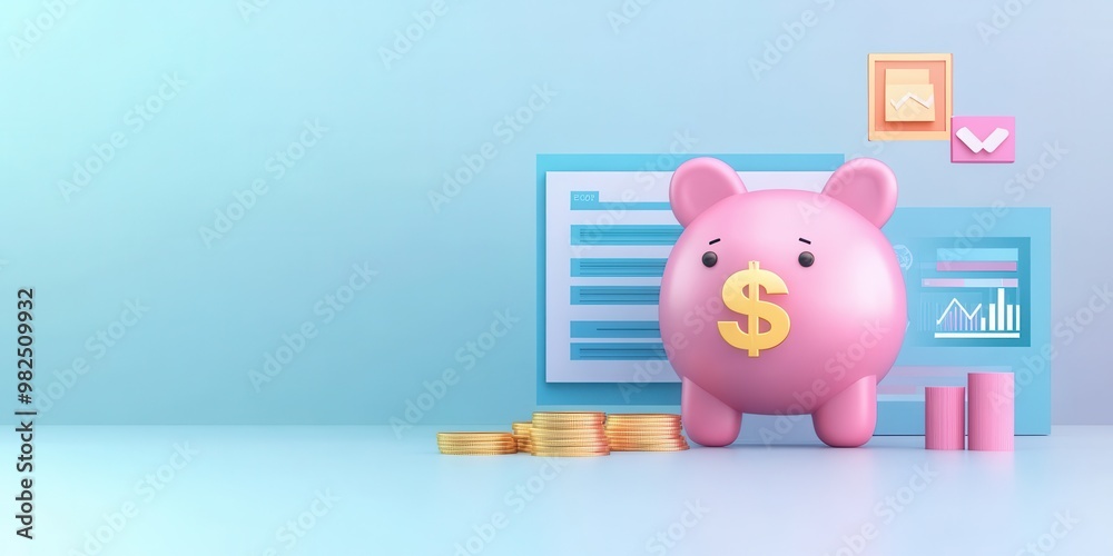 A cheerful pink piggy bank stands beside financial charts, symbolizing savings and investment growth. A cheerful pink piggy bank stands beside financial charts, symbolizing savings and investment growth.