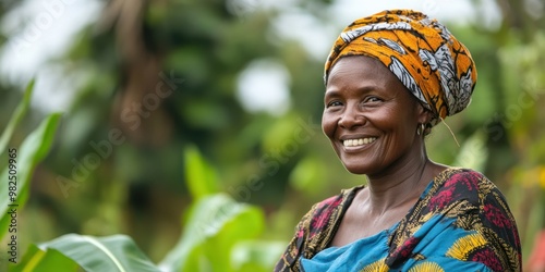 A cheerful woman stands proudly in a vibrant garden, showcasing her traditional attire and the beauty of nature surrounding her.