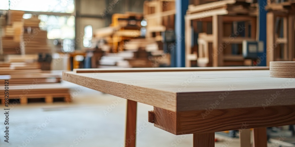 A close-up view of a wooden table surface in a workshop filled with lumber and materials, showcasing craftsmanship and woodworking. A close-up view of a wooden table surface in a workshop filled with lumber and materials, showcasing craftsmanship and woodworking.