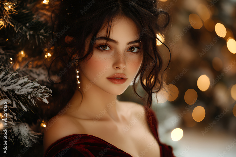 Fototapeta premium A young woman with pearl earrings in a burgundy velvet dress standing by a Christmas tree, warm holiday lights. Natural beauty and soft lighting , cozy and magical winter atmosphere. new year
