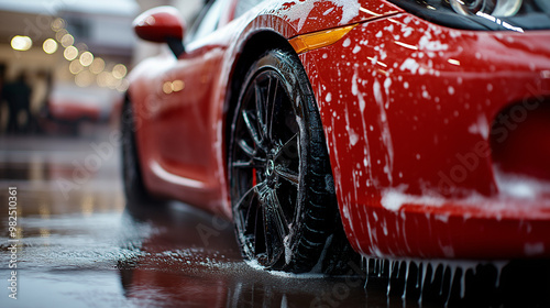 Red Sports car Wheels Covered in Shampoo Being Rubbed by a Soft Sponge at a Stylish Dealership Car Wash. Performance Vehicle Being Washed in a Detailing Studio, photogrphy photo