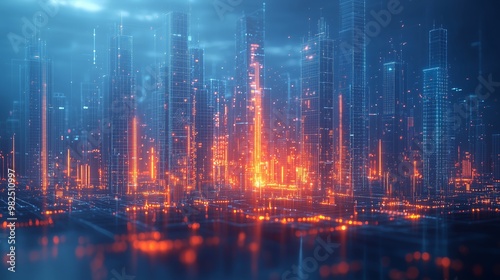 Futuristic Urban Skyline with Neon Lights and Reflections