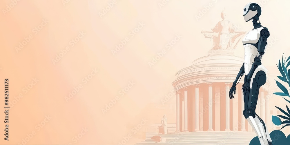 A futuristic robot stands in front of an ancient monument, blending technology with history in a vibrant illustration. A futuristic robot stands in front of an ancient monument, blending technology with history in a vibrant illustration.
