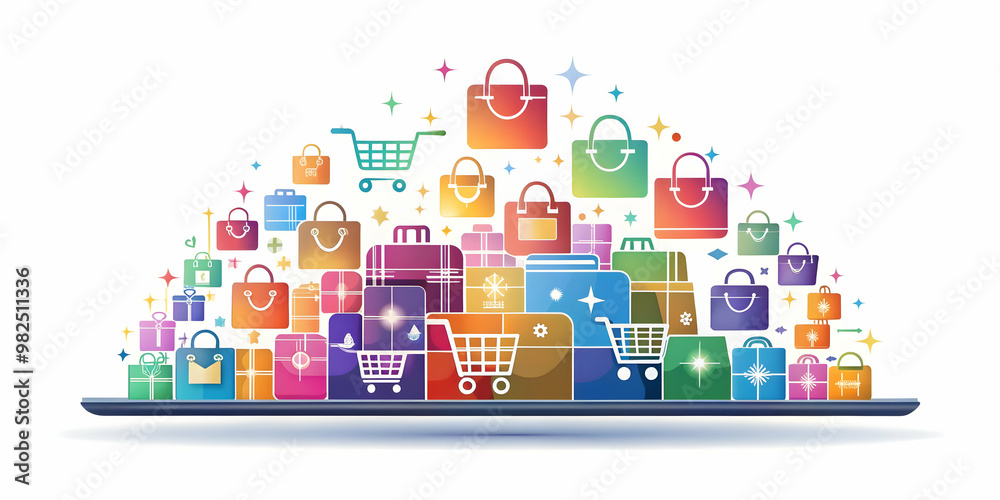 Fototapeta premium Flat Glowing Abstract Retail Art with Floating Shopping Icons for eCommerce Promotions - Vibrant Vector Design for Online Sales and Business Marketing