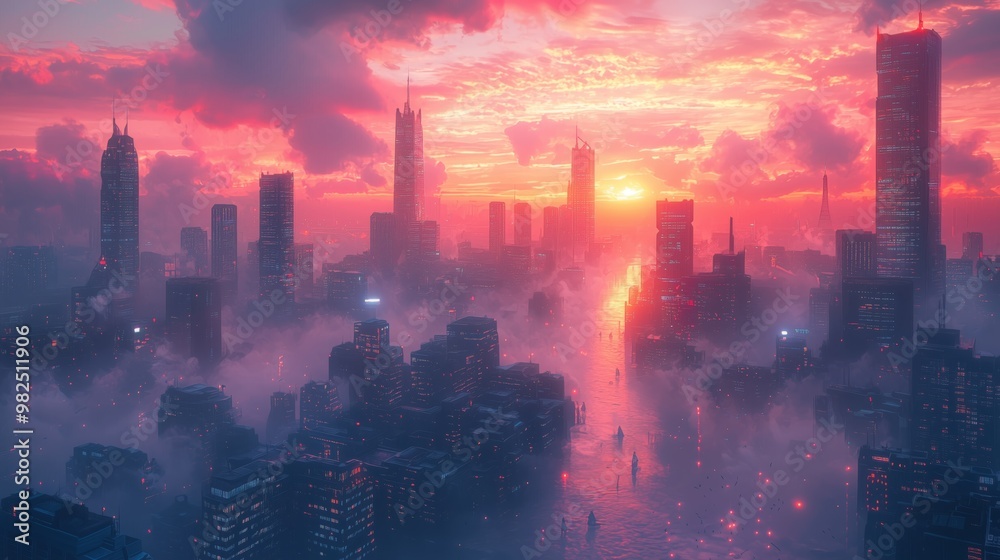 Fototapeta premium Majestic Sunset Over Misty Urban Landscape