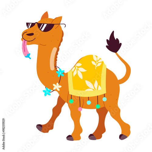 A flat style sticker of cool camel walking with glasses 