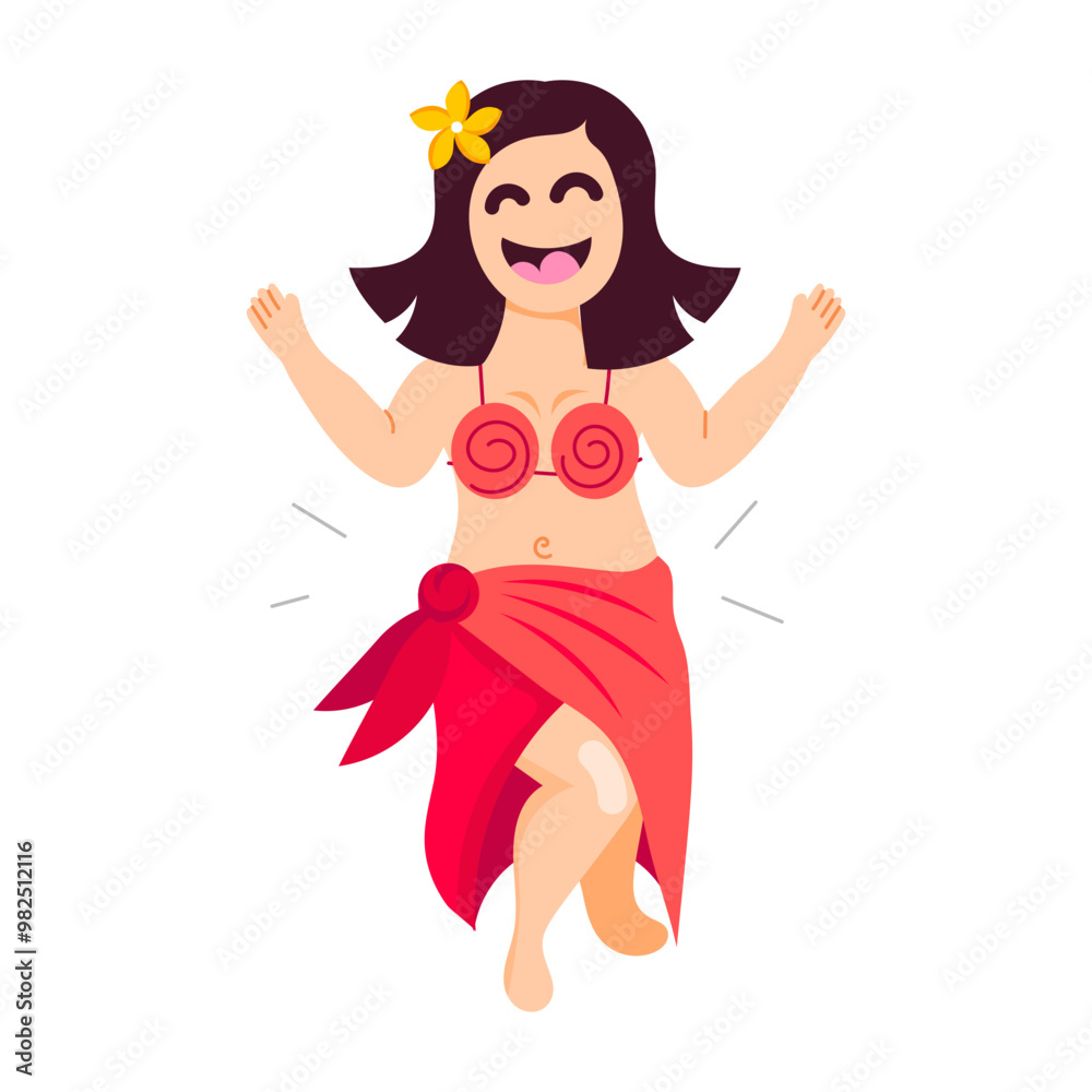 A flat sticker showing happy hula girl dancing A flat sticker showing happy hula girl dancing