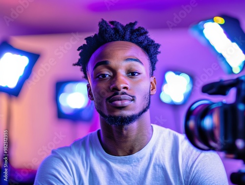 African American Content Creator Looking Directly At The Camera With Purple Lighting In A Studio Setting photo