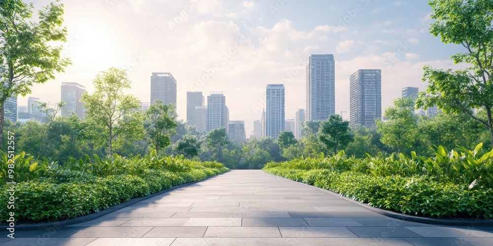 A serene park pathway leading to a vibrant city skyline, surrounded by lush greenery and bathed in warm morning light. A serene park pathway leading to a vibrant city skyline, surrounded by lush greenery and bathed in warm morning light.