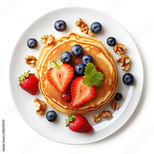 
Photo of hot pancakes with fresh blueberries, strawberries, and walnuts on a white plate, top view isolated on a white background