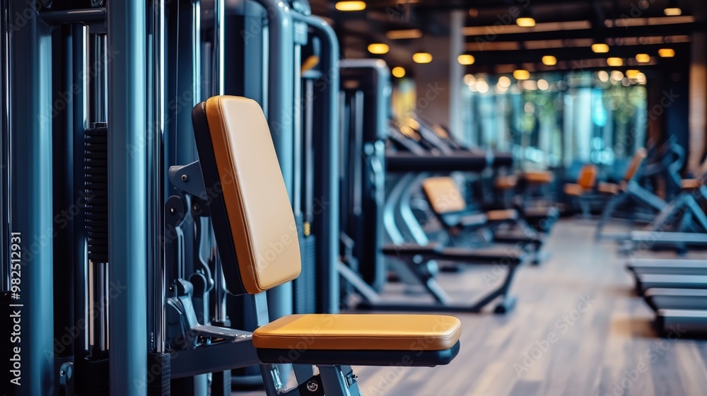 Modern Gym Interior with a Row of High-End Exercise Machines, Featuring a Detailed Close-Up of a Tan Leather Seat on a Cable Machine. Modern Gym Interior with a Row of High-End Exercise Machines, Featuring a Detailed Close-Up of a Tan Leather Seat on a Cable Machine.