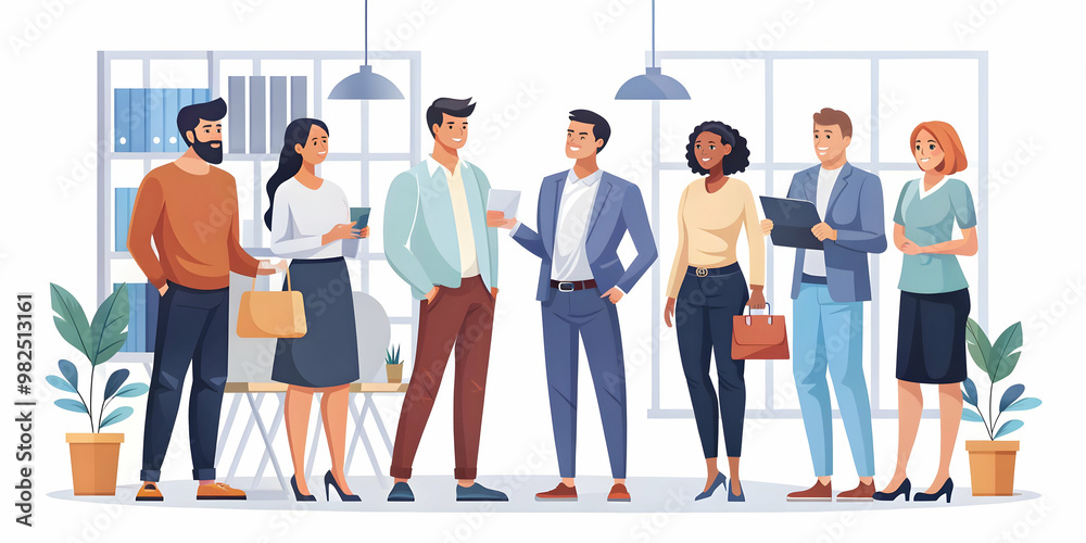 Flat Vector Illustration of a Candid Colleagues Meeting, Discussing Retail Promotions and Coupon Strategies in a Casual Office Setting Flat Vector Illustration of a Candid Colleagues Meeting, Discussing Retail Promotions and Coupon Strategies in a Casual Office Setting
