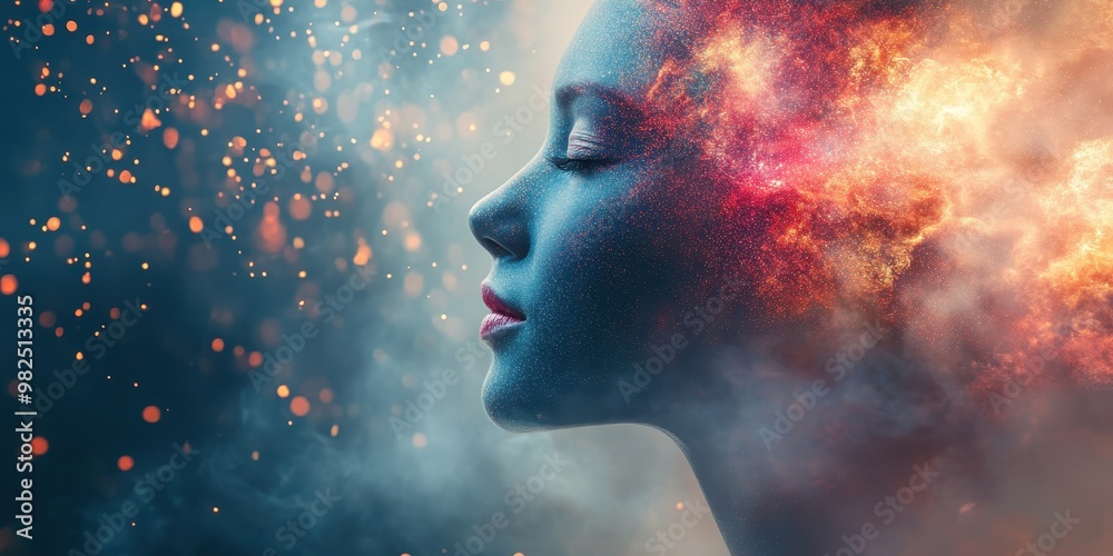 A surreal portrait of a woman with a cosmic background, symbolizing creativity and inner thoughts, infused with vibrant colors. A surreal portrait of a woman with a cosmic background, symbolizing creativity and inner thoughts, infused with vibrant colors.