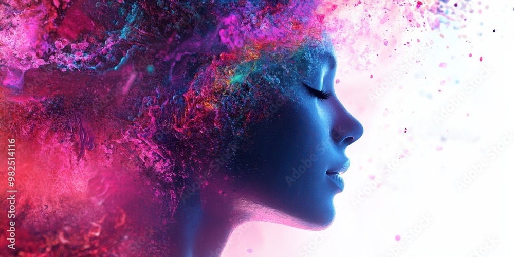 A vibrant profile portrait of a woman with colorful, swirling hair, symbolizing creativity and imagination in a dreamlike composition. A vibrant profile portrait of a woman with colorful, swirling hair, symbolizing creativity and imagination in a dreamlike composition.