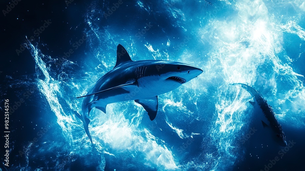 Abstract Background with Majestic Wildlife and Futuristic Design. A cool, epic, artistic, beautiful, and unique illustration of shark animals in Cinematic Adventure. Abstract Background with Majestic Wildlife and Futuristic Design. A cool, epic, artistic, beautiful, and unique illustration of shark animals in Cinematic Adventure.