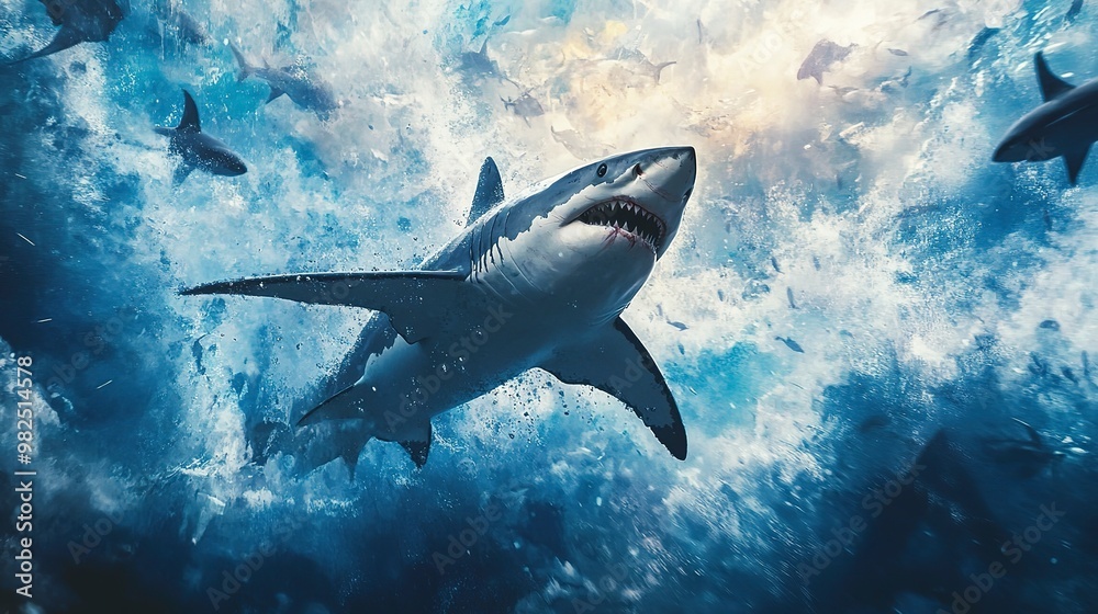 Obraz premium Abstract Background with Majestic Wildlife and Futuristic Design. A cool, epic, artistic, beautiful, and unique illustration of shark animals in Cinematic Adventure.