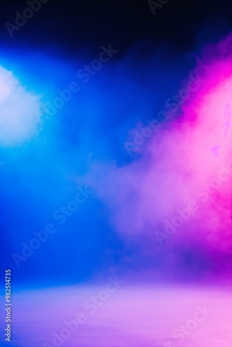 Smoky stage with blue and purple lighting effects. Concert and performance concept. Image for event poster and album cover. Low angle view with fog and copy space.