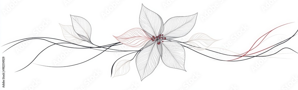 Illustration of a continuous line. Holiday concept, poinsettia flower isolated on white background. Hand-drawn, close-up. Modern design. For print, banner, card, paper. Illustration of a continuous line. Holiday concept, poinsettia flower isolated on white background. Hand-drawn, close-up. Modern design. For print, banner, card, paper.