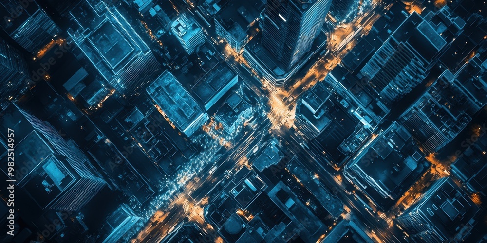 Aerial view of a vibrant cityscape at night, showcasing illuminated streets and buildings in intricate patterns of light.