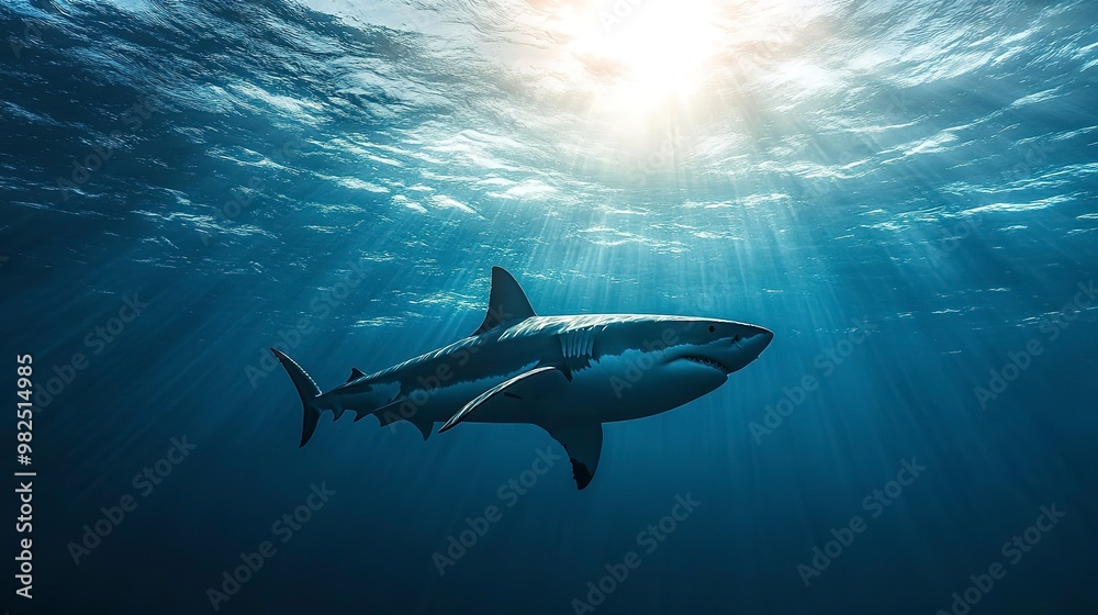Naklejka premium Shadow of a big shark underwater sea waves Top ocean view 